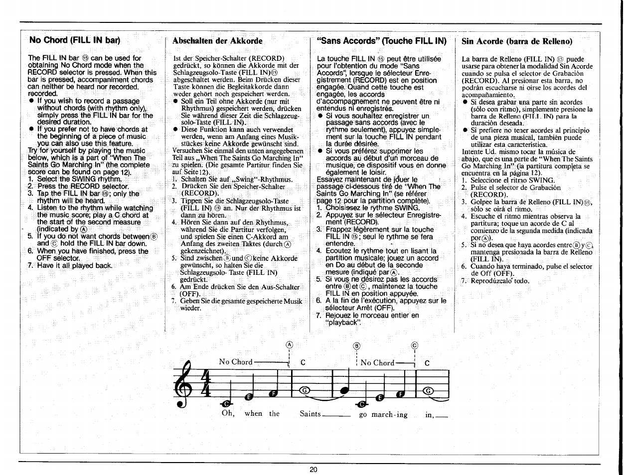 Sans accords” (touche fill in), Sin acorde (barra de relleno) | Yamaha PS-25 User Manual | Page 22 / 28