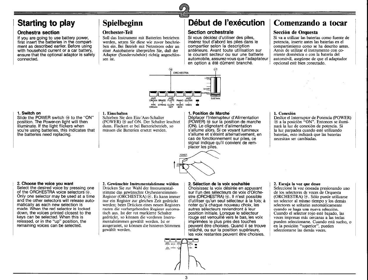 Starting to play, Orchestra section, Spielbeginn | Orchester-teil, Début de l’exécution, Section orchestrale, Comenzando a tocar, Switch on, Position de marche, Sélection de la voix souhaitée | Yamaha PS-25 User Manual | Page 5 / 28