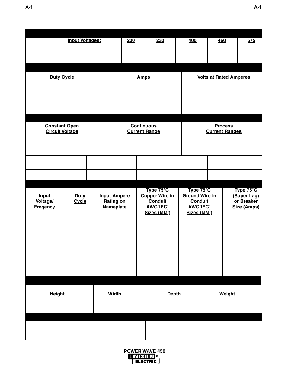 Installation, Rated output, Output | Recommended input wire and fuse sizes, Physical dimensions | Lincoln Electric IM542 INVERTEC POWER WAVE 450 ROBOTIC User Manual | Page 11 / 68