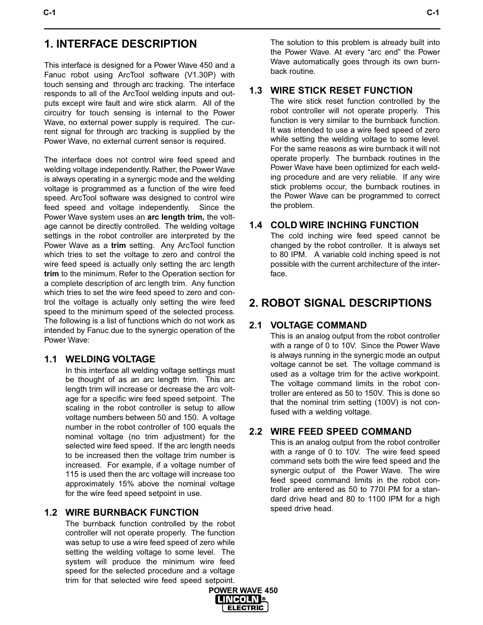 Robotic interface, Interface description, Robot signal descriptions | Lincoln Electric IM542 INVERTEC POWER WAVE 450 ROBOTIC User Manual | Page 35 / 68