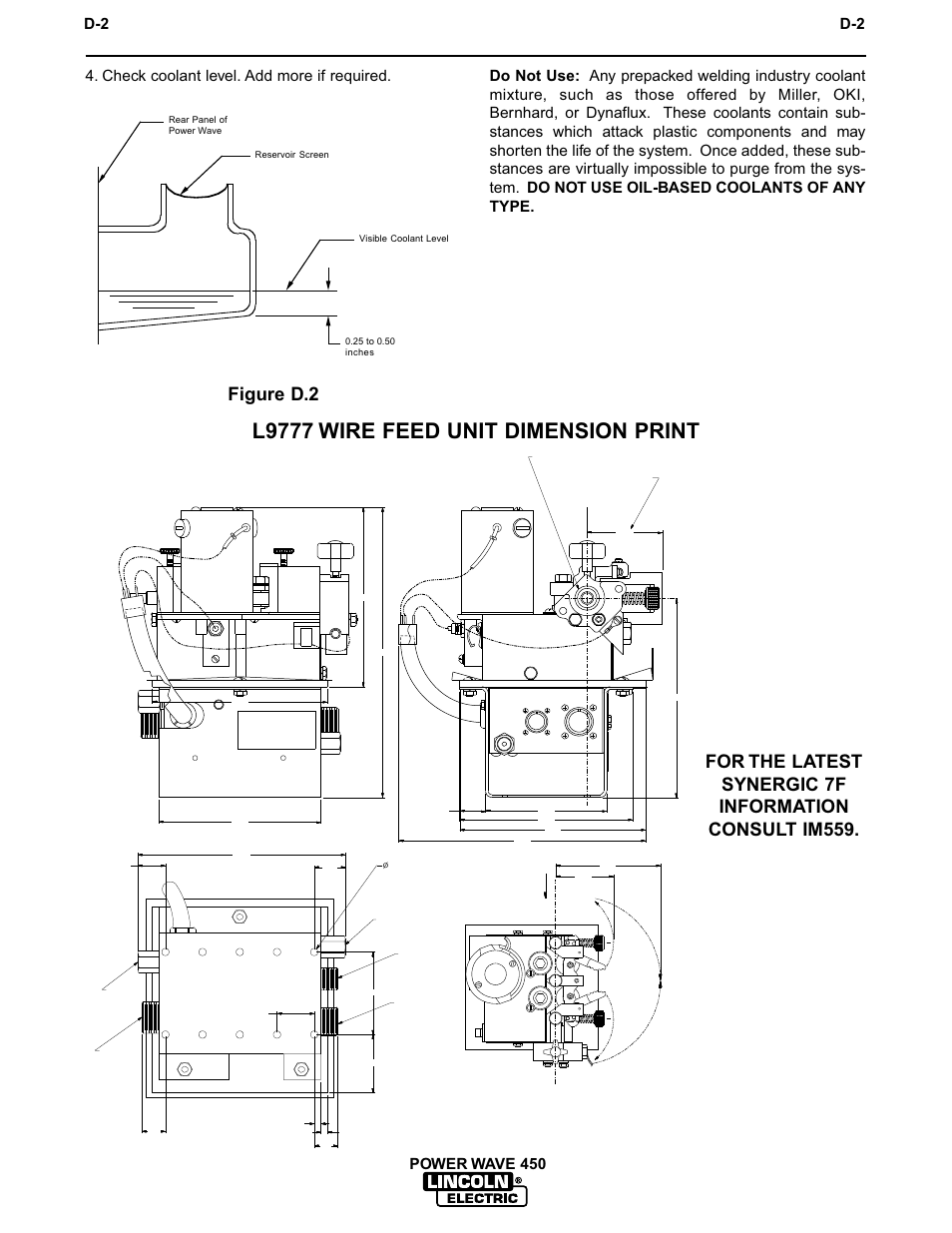 Accessories, L9777 wire feed unit dimension print, Figure d.2 | D-2 power wave 450, Check coolant level. add more if required | Lincoln Electric IM542 INVERTEC POWER WAVE 450 ROBOTIC User Manual | Page 42 / 68