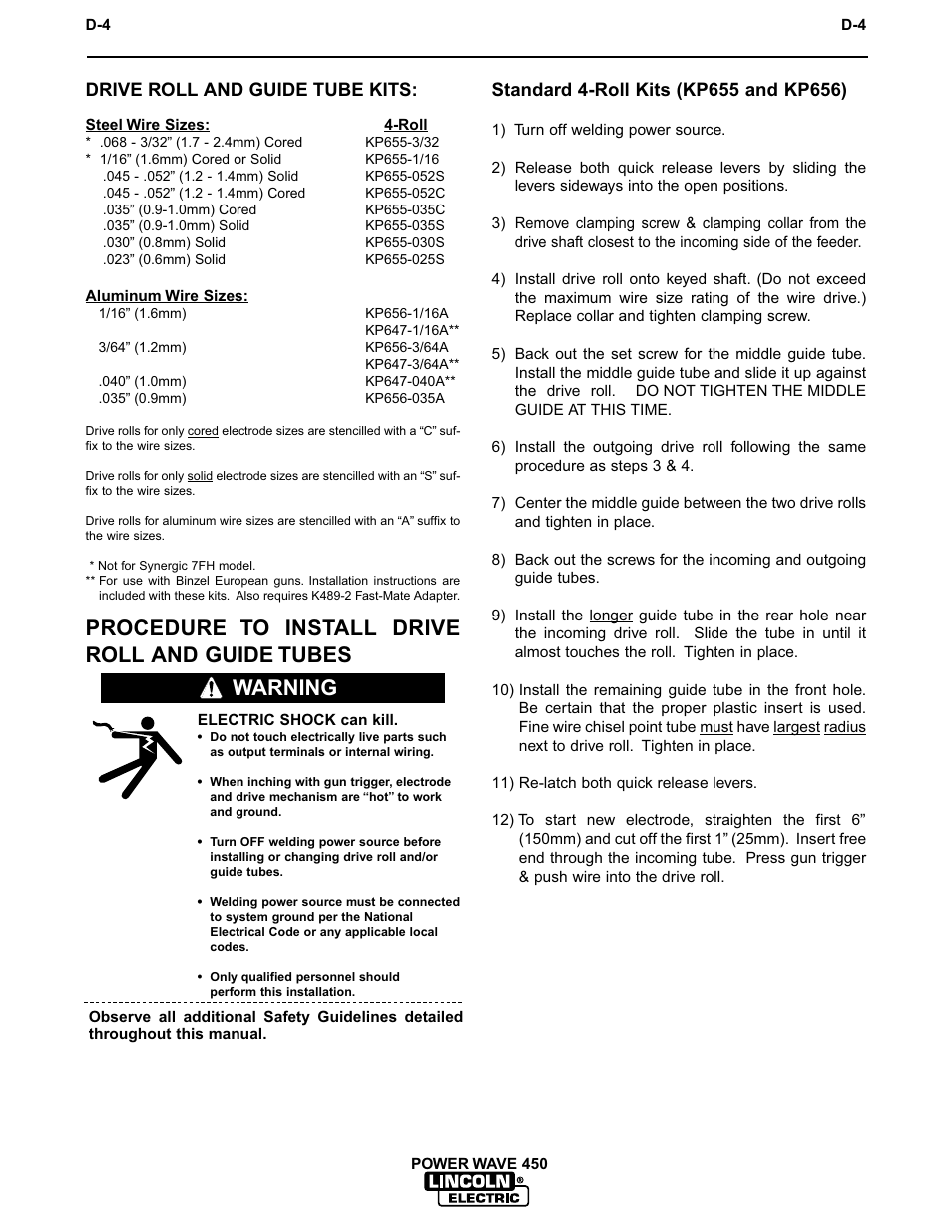 Accessories, Procedure to install drive roll and guide tubes, Warning | Drive roll and guide tube kits | Lincoln Electric IM542 INVERTEC POWER WAVE 450 ROBOTIC User Manual | Page 44 / 68