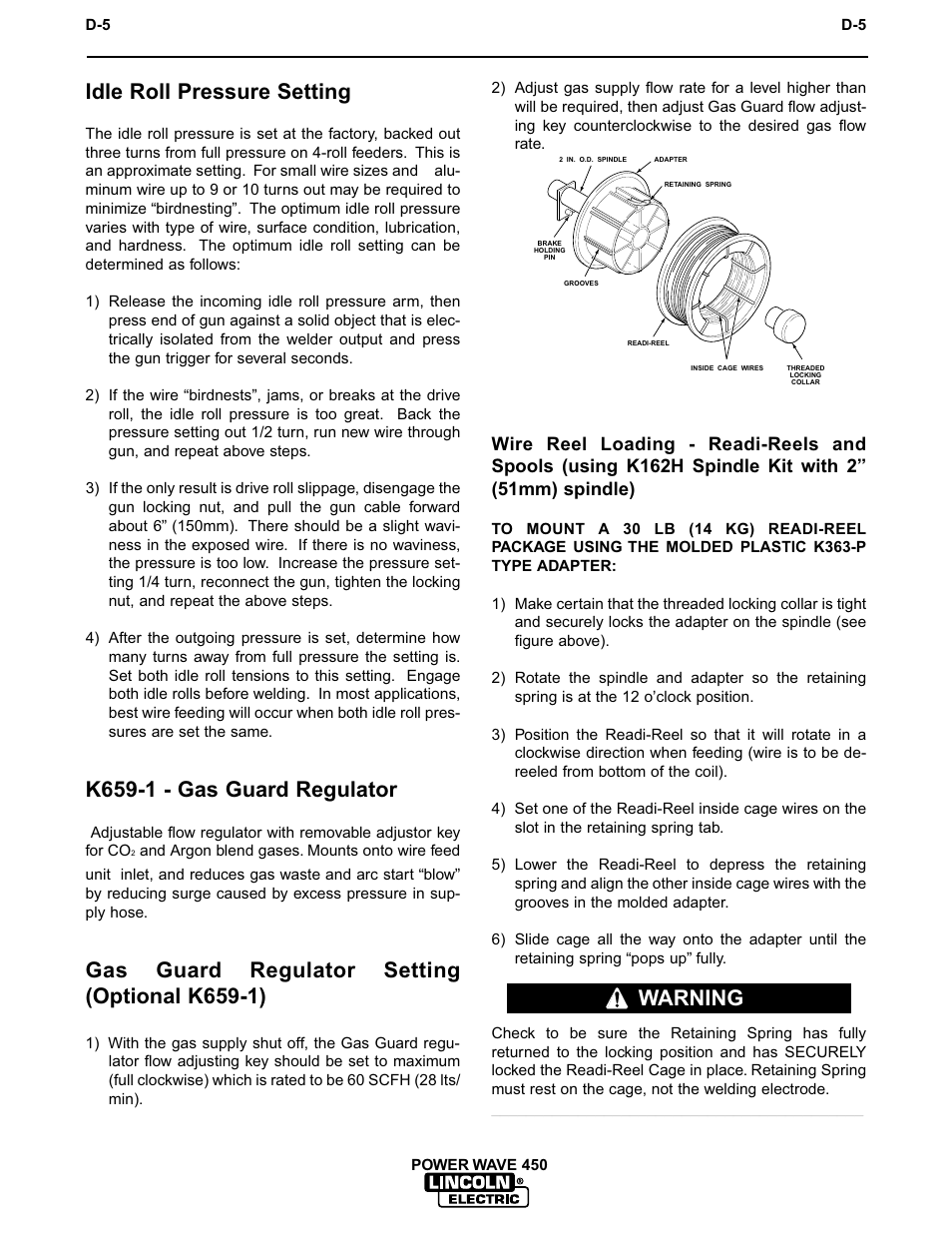 Accessories, Idle roll pressure setting, K659-1 - gas guard regulator | Gas guard regulator setting (optional k659-1), Warning | Lincoln Electric IM542 INVERTEC POWER WAVE 450 ROBOTIC User Manual | Page 45 / 68