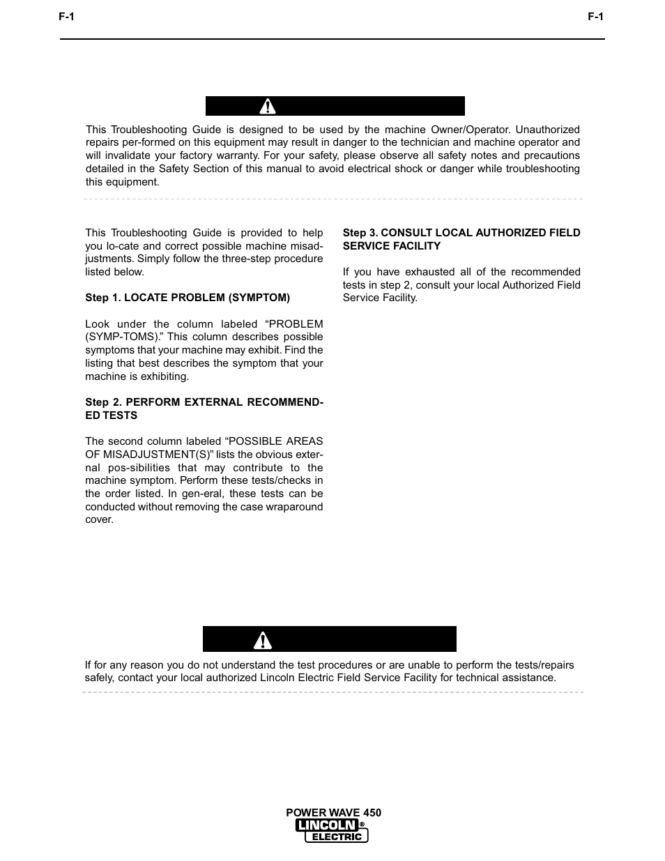 Troubleshooting, How to use troubleshooting guide, Caution warning | Lincoln Electric IM542 INVERTEC POWER WAVE 450 ROBOTIC User Manual | Page 57 / 68