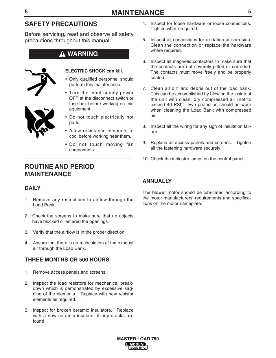 Maintenance, Safety precautions, Routine and period maintenance | Warning | Lincoln Electric IM575 MASTER LOAD 750 User Manual | Page 13 / 28