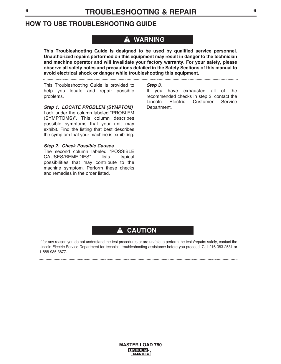 Troubleshooting & repair, Warning caution how to use troubleshooting guide | Lincoln Electric IM575 MASTER LOAD 750 User Manual | Page 14 / 28