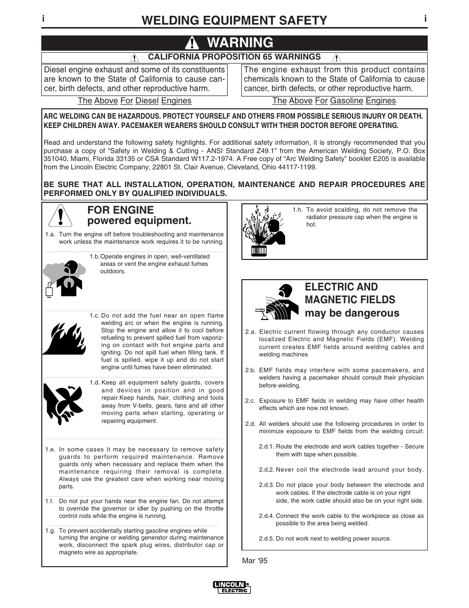 Warning, Welding equipment safety, For engine powered equipment | Electric and magnetic fields may be dangerous | Lincoln Electric IM575 MASTER LOAD 750 User Manual | Page 2 / 28