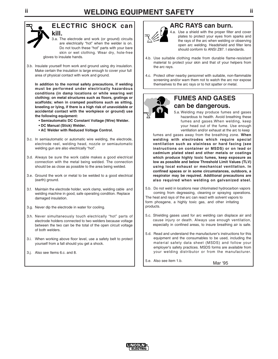 Welding equipment safety, Arc rays can burn, Electric shock can kill | Fumes and gases can be dangerous | Lincoln Electric IM575 MASTER LOAD 750 User Manual | Page 3 / 28