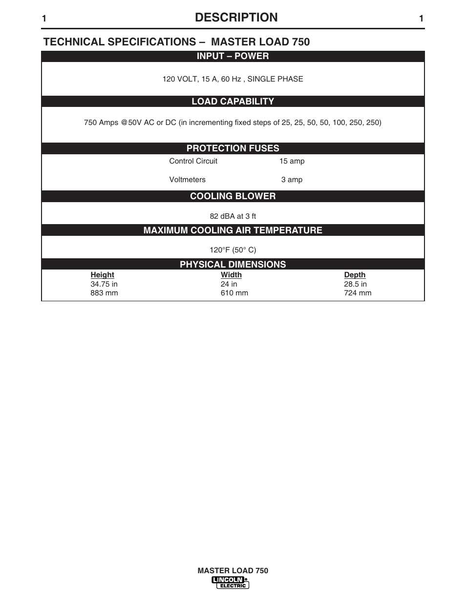 Description, Technical specifications – master load 750 | Lincoln Electric IM575 MASTER LOAD 750 User Manual | Page 9 / 28