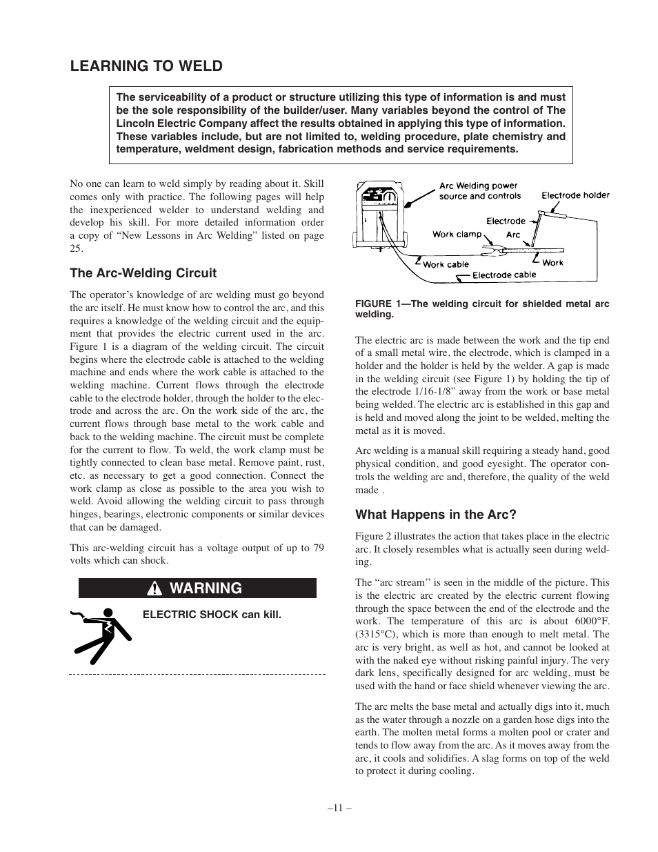 Learning to weld, Warning | Lincoln Electric IM556 AC-235 User Manual | Page 11 / 28