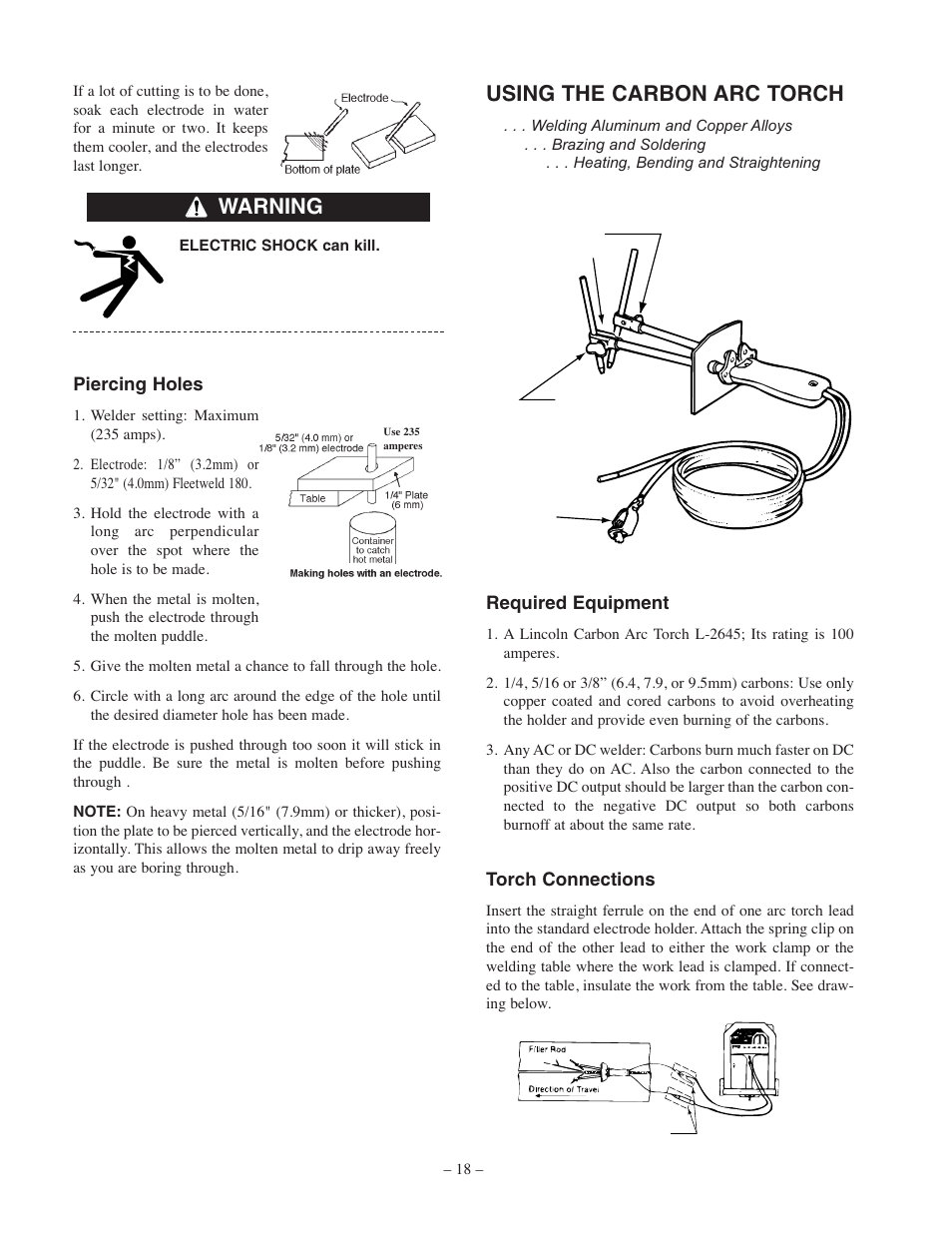 Using the carbon arc torch, Warning | Lincoln Electric IM556 AC-235 User Manual | Page 18 / 28