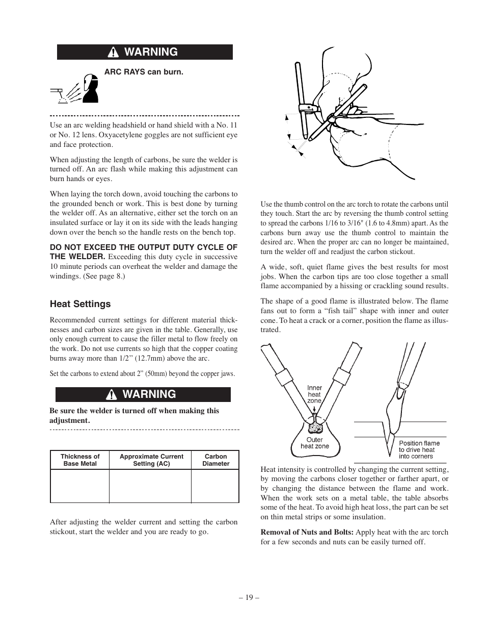 Warning, Heat settings | Lincoln Electric IM556 AC-235 User Manual | Page 19 / 28