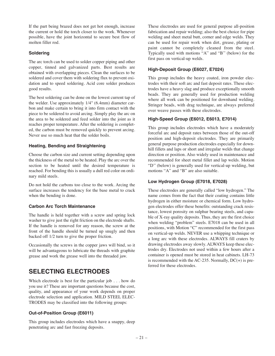 Selecting electrodes | Lincoln Electric IM556 AC-235 User Manual | Page 21 / 28