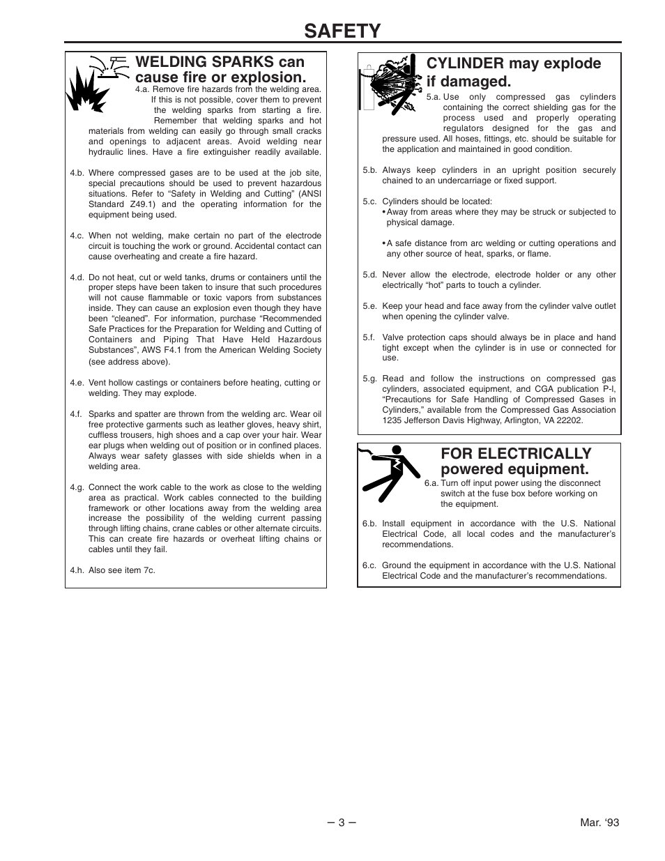 Safety, For electrically powered equipment, Cylinder may explode if damaged | Welding sparks can cause fire or explosion | Lincoln Electric IM556 AC-235 User Manual | Page 3 / 28