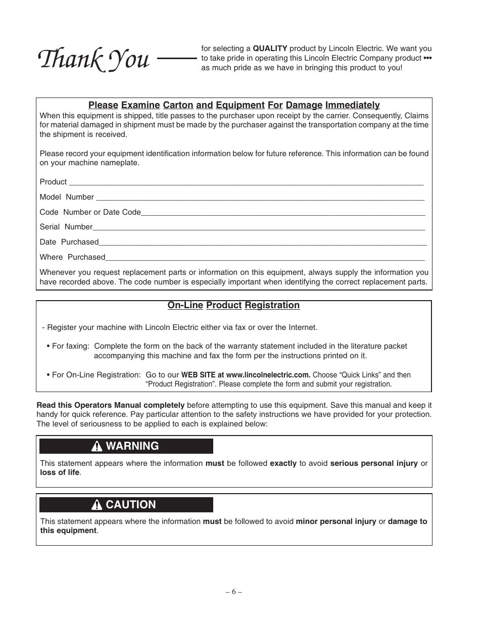 Warning, Caution | Lincoln Electric IM556 AC-235 User Manual | Page 6 / 28