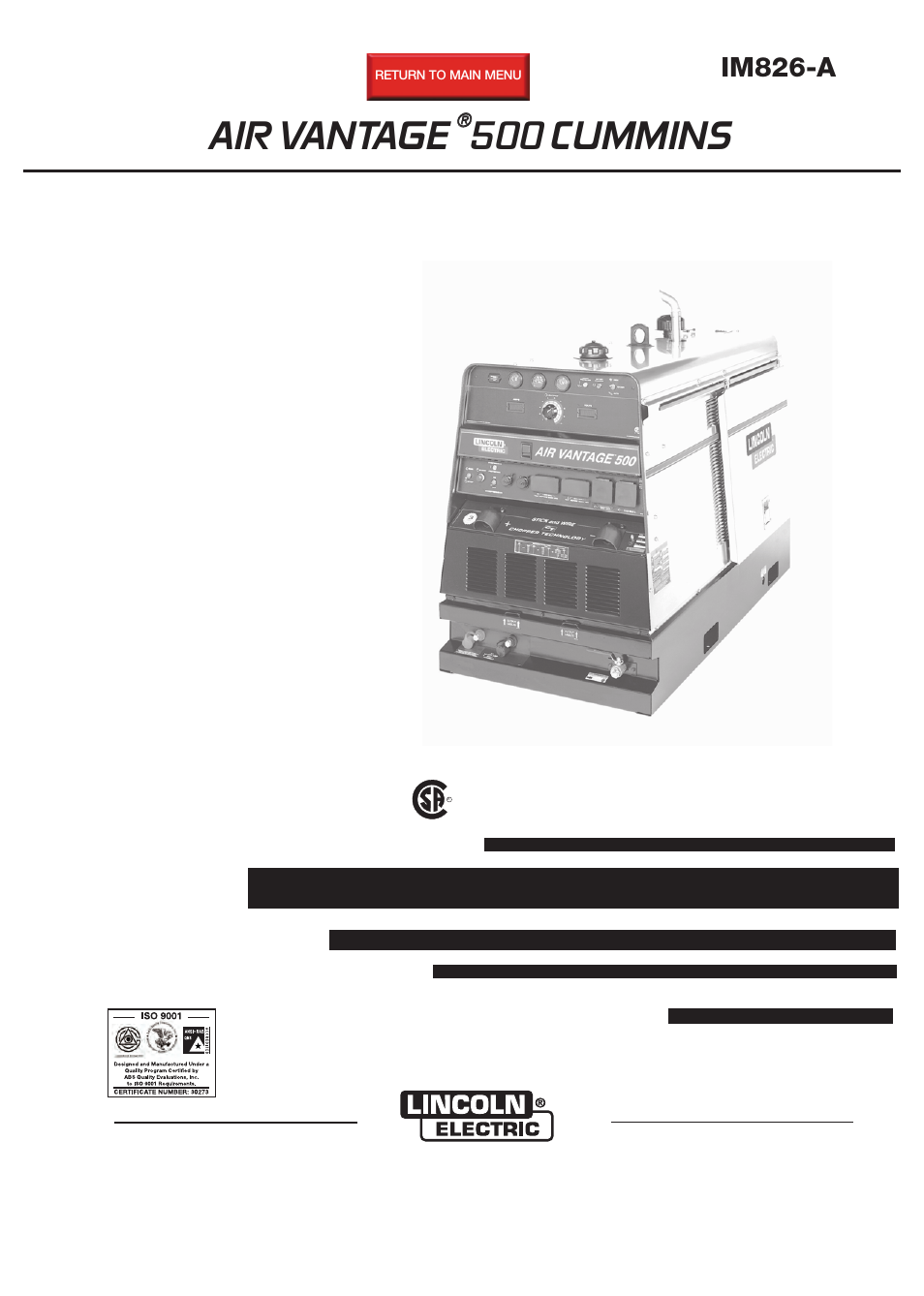 Lincoln Electric IM826 AIR VANTAGE 500 CUMMINS User Manual | 51 pages