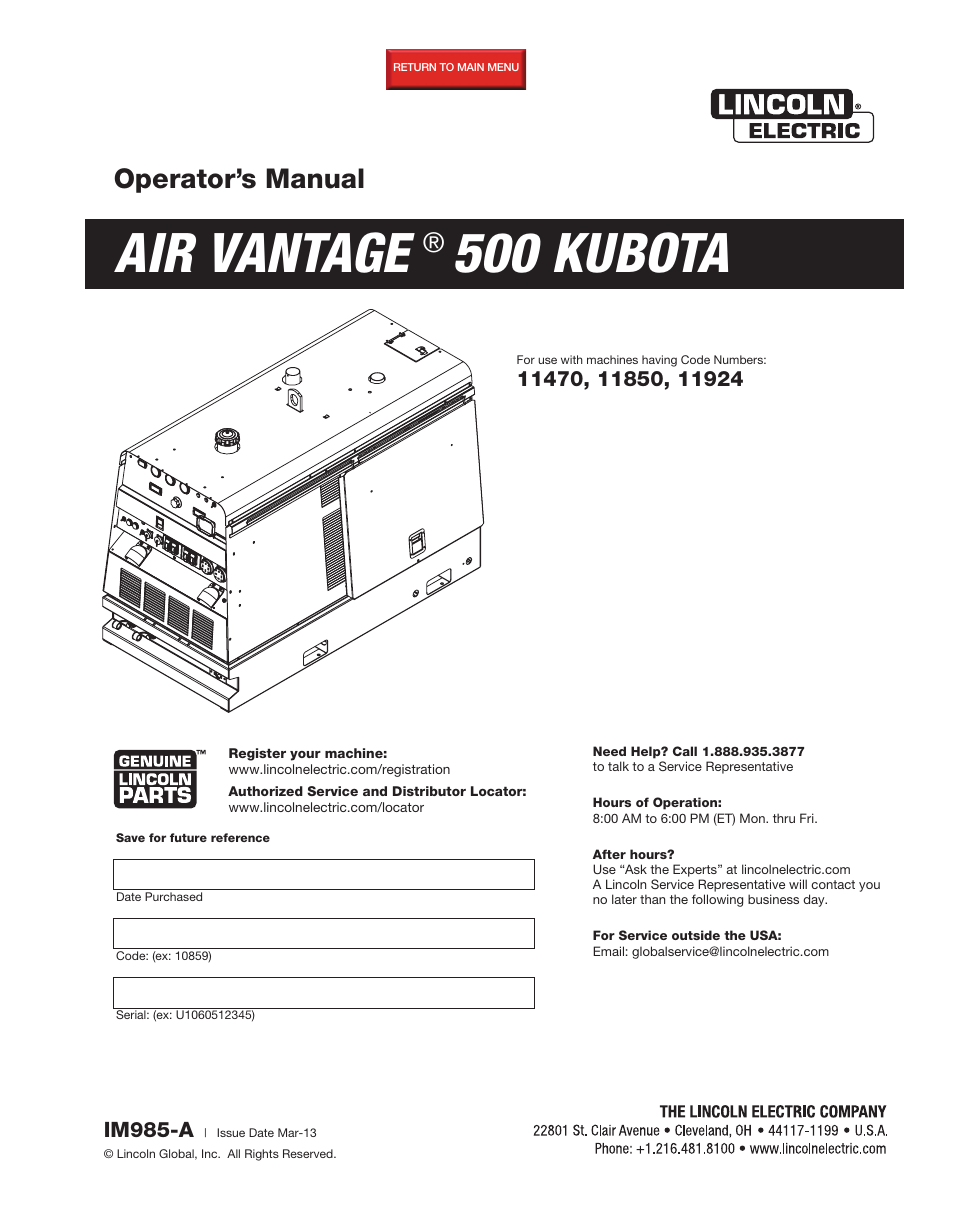 Lincoln Electric IM985 AIR VANTAGE 500 KUBOTA User Manual | 59 pages