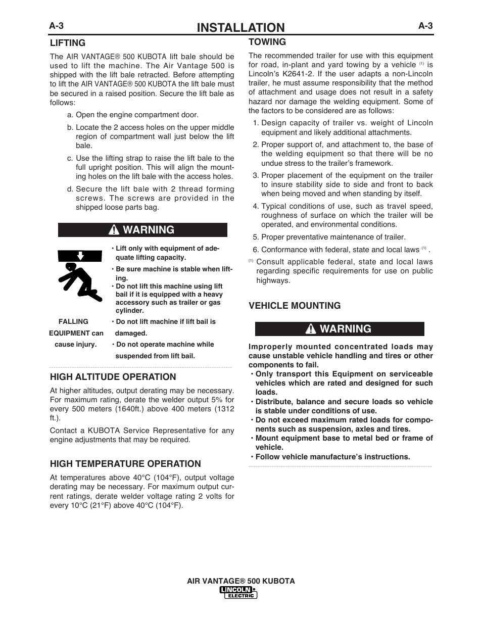 Installation, Warning | Lincoln Electric IM985 AIR VANTAGE 500 KUBOTA User Manual | Page 11 / 59