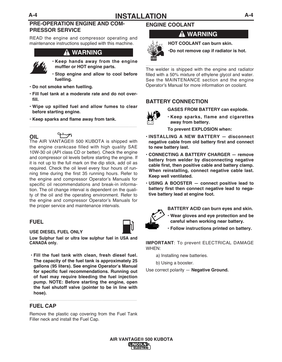 Installation, Warning | Lincoln Electric IM985 AIR VANTAGE 500 KUBOTA User Manual | Page 12 / 59