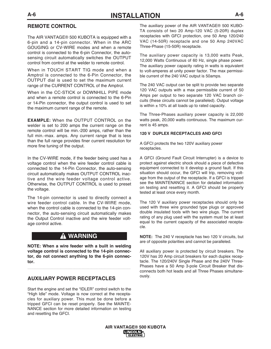 Installation, Warning | Lincoln Electric IM985 AIR VANTAGE 500 KUBOTA User Manual | Page 14 / 59