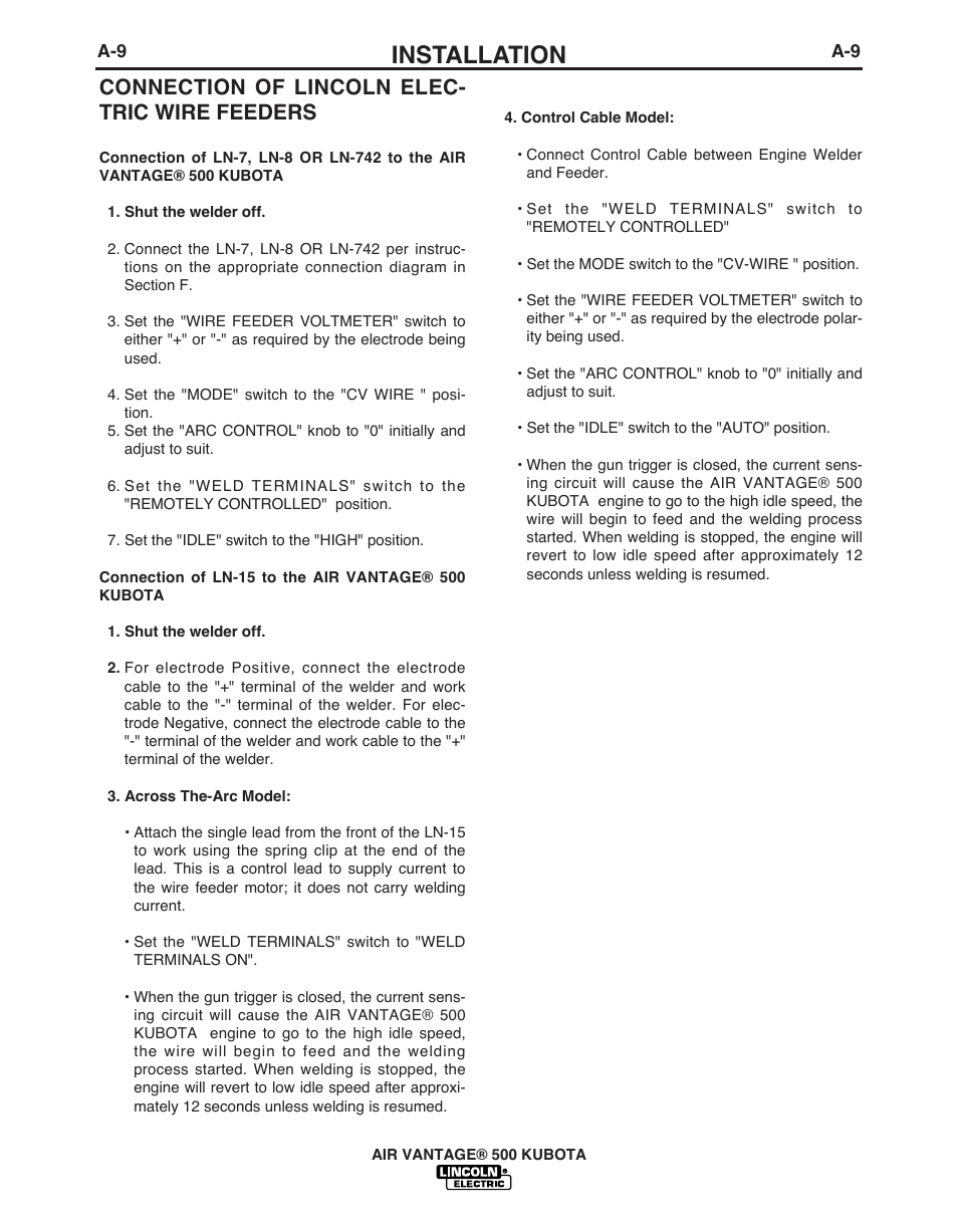 Installation, Connection of lincoln elec- tric wire feeders | Lincoln Electric IM985 AIR VANTAGE 500 KUBOTA User Manual | Page 17 / 59