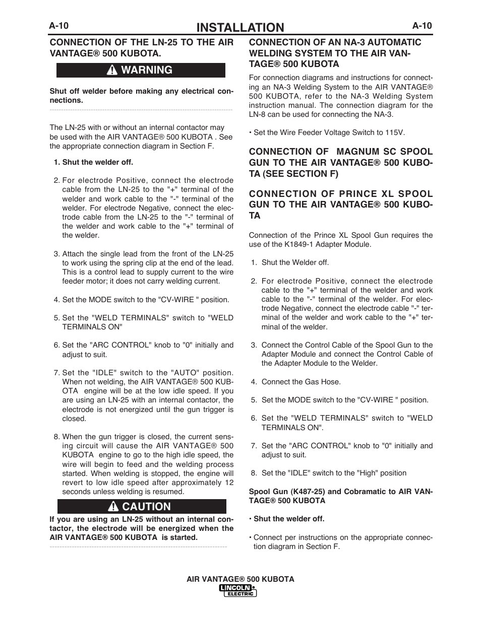 Installation, Warning caution | Lincoln Electric IM985 AIR VANTAGE 500 KUBOTA User Manual | Page 18 / 59