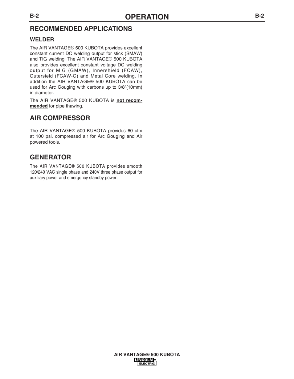 Operation | Lincoln Electric IM985 AIR VANTAGE 500 KUBOTA User Manual | Page 21 / 59