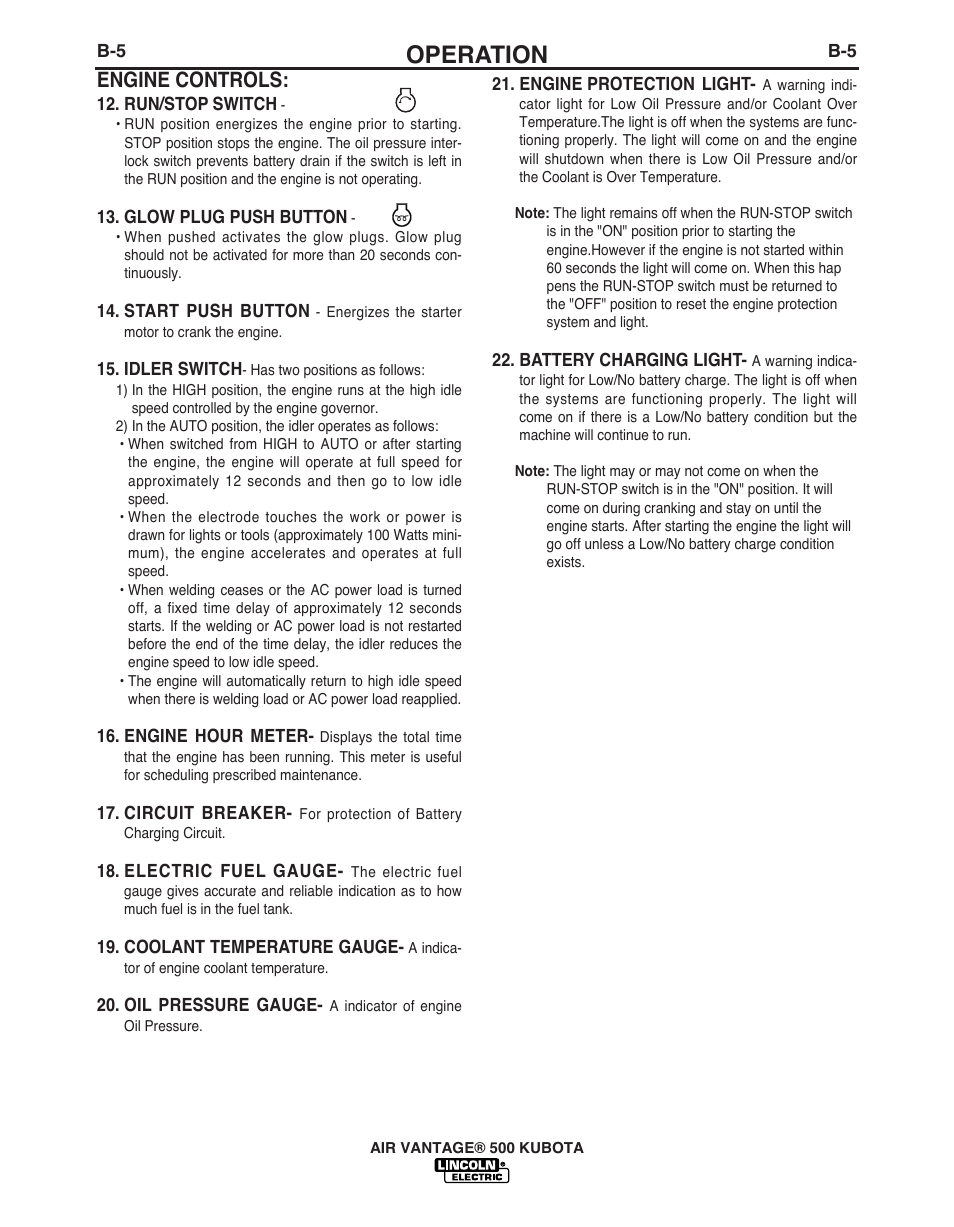 Operation, Engine controls | Lincoln Electric IM985 AIR VANTAGE 500 KUBOTA User Manual | Page 24 / 59