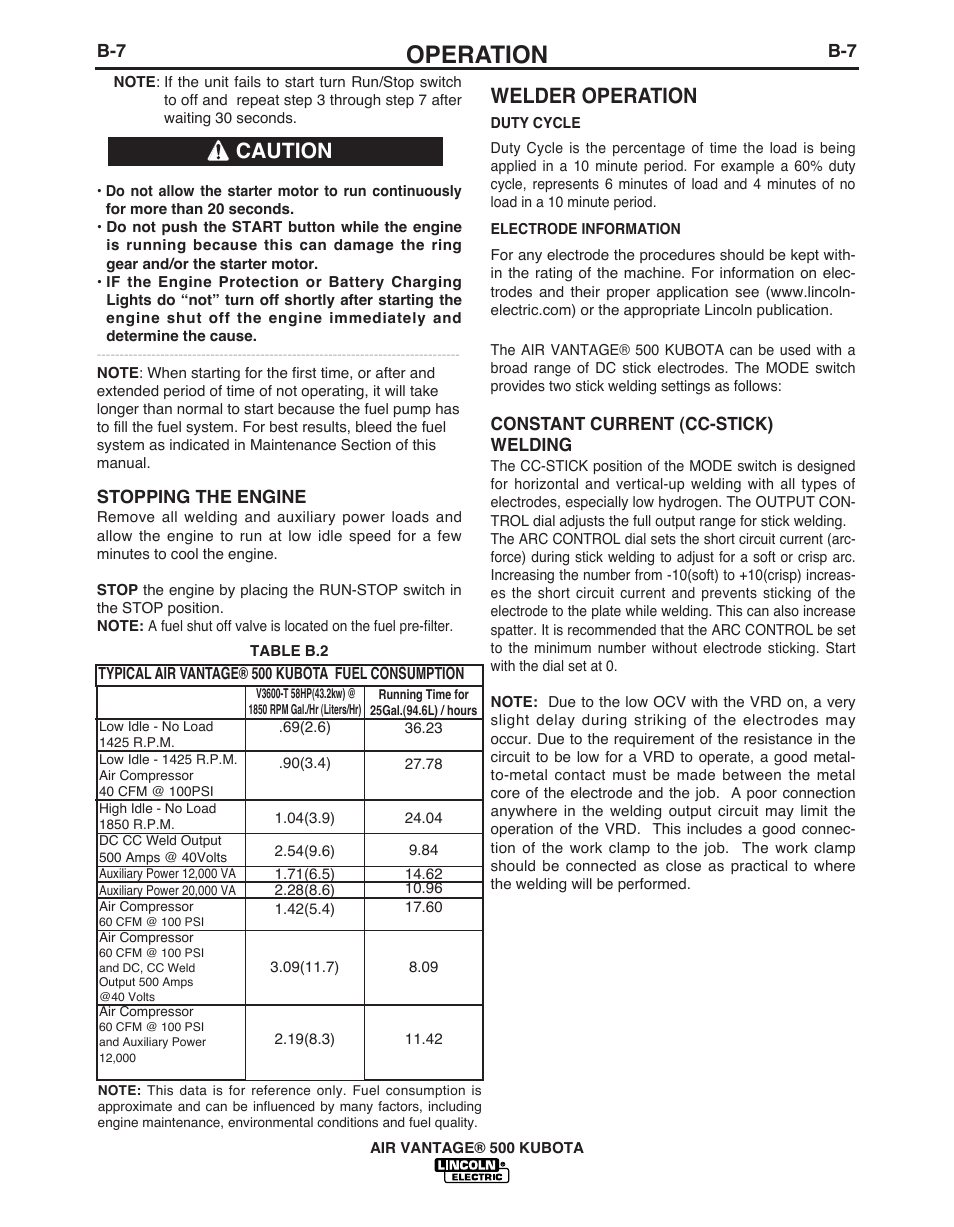 Operation, Welder operation, Caution | Lincoln Electric IM985 AIR VANTAGE 500 KUBOTA User Manual | Page 26 / 59