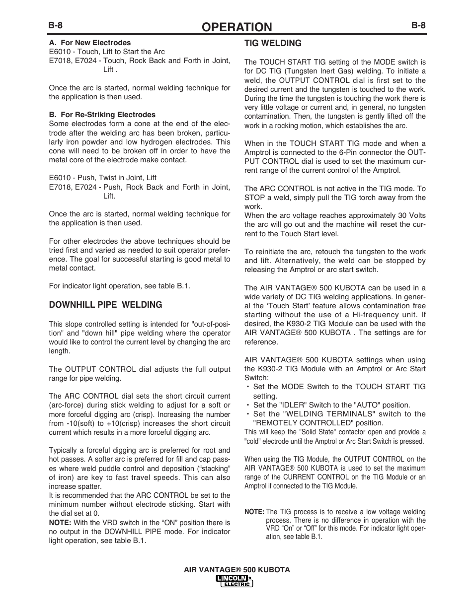 Operation | Lincoln Electric IM985 AIR VANTAGE 500 KUBOTA User Manual | Page 27 / 59