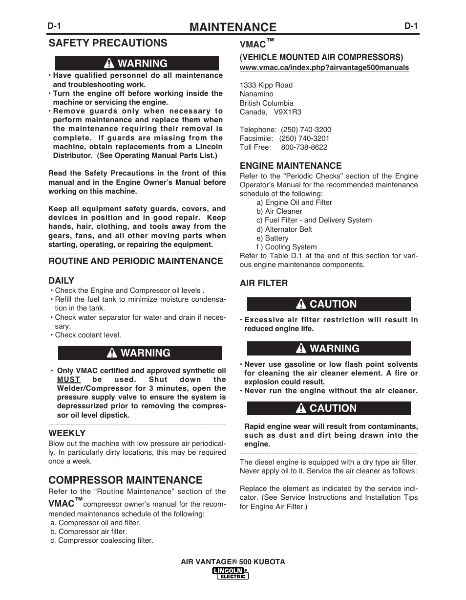 Maintenance, Safety precautions, Compressor maintenance | Warning, Warning caution caution warning | Lincoln Electric IM985 AIR VANTAGE 500 KUBOTA User Manual | Page 31 / 59