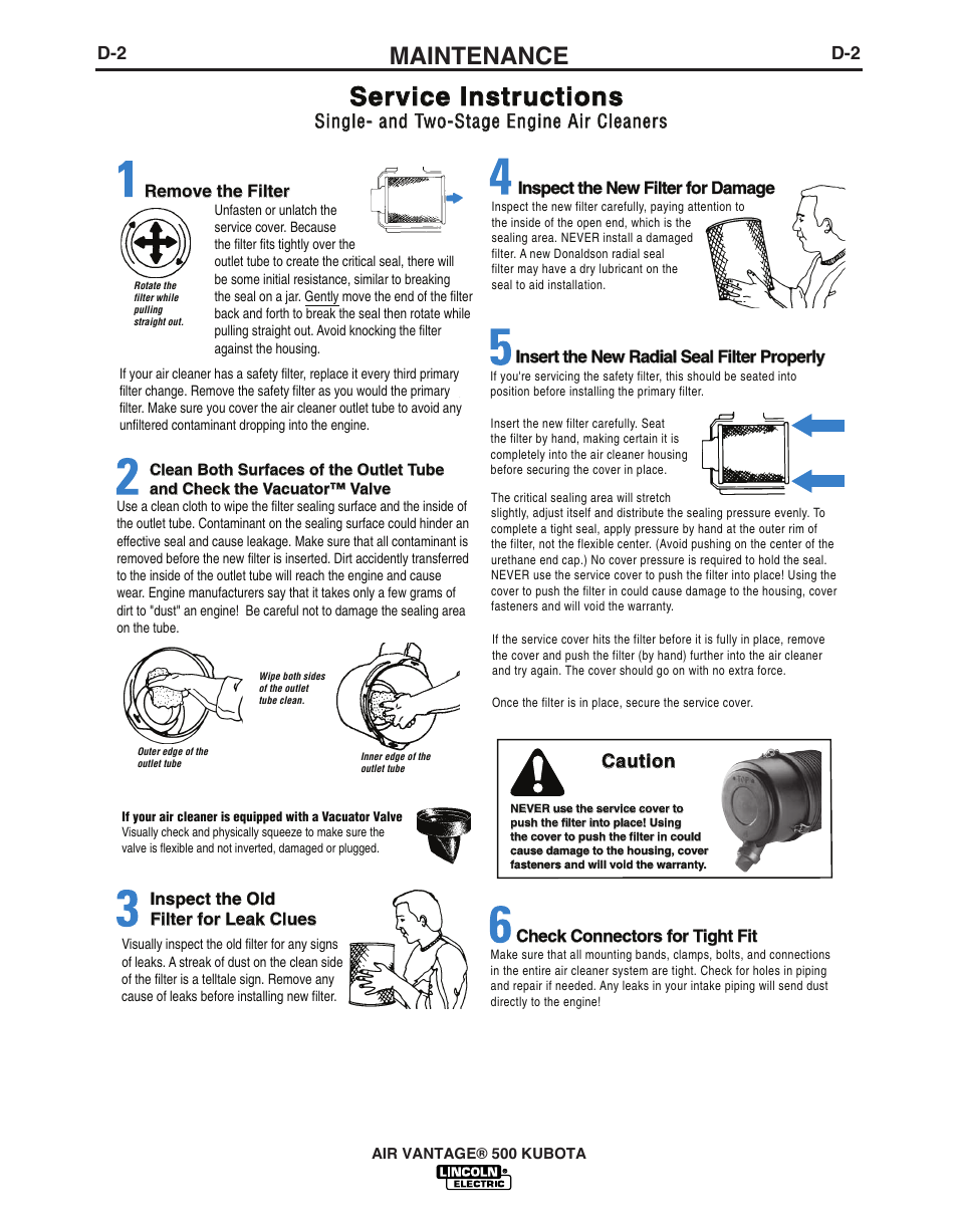 Service instructions, Maintenance, Caution | Single- and two-stage engine air cleaners | Lincoln Electric IM985 AIR VANTAGE 500 KUBOTA User Manual | Page 32 / 59