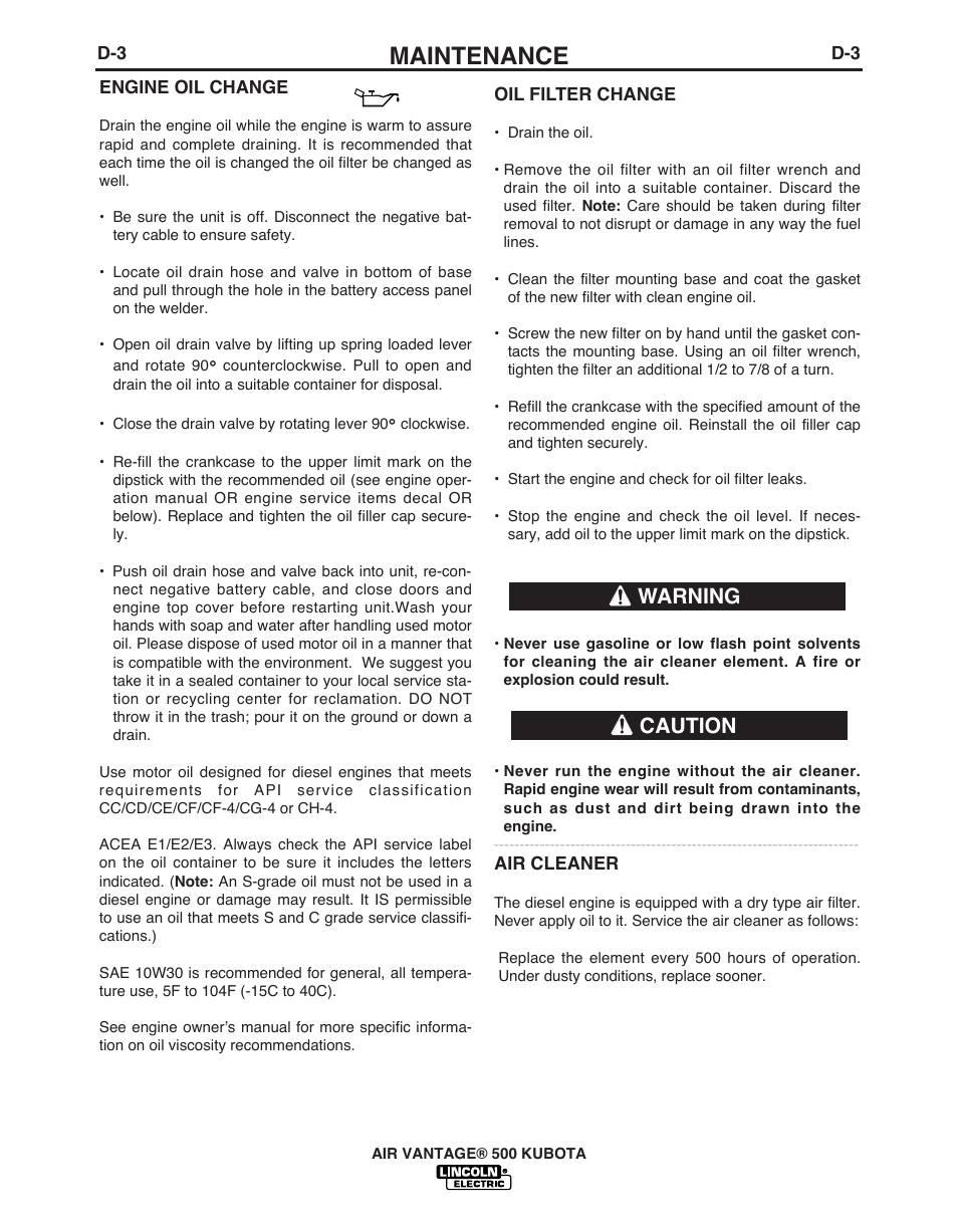 Maintenance, Caution warning | Lincoln Electric IM985 AIR VANTAGE 500 KUBOTA User Manual | Page 33 / 59