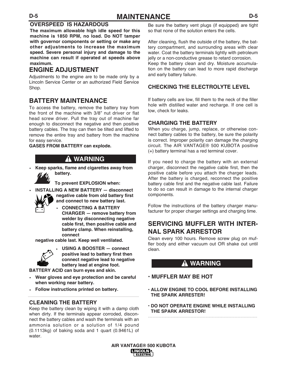 Maintenance, Engine adjustment, Battery maintenance | Servicing muffler with inter- nal spark arrestor, Warning | Lincoln Electric IM985 AIR VANTAGE 500 KUBOTA User Manual | Page 35 / 59