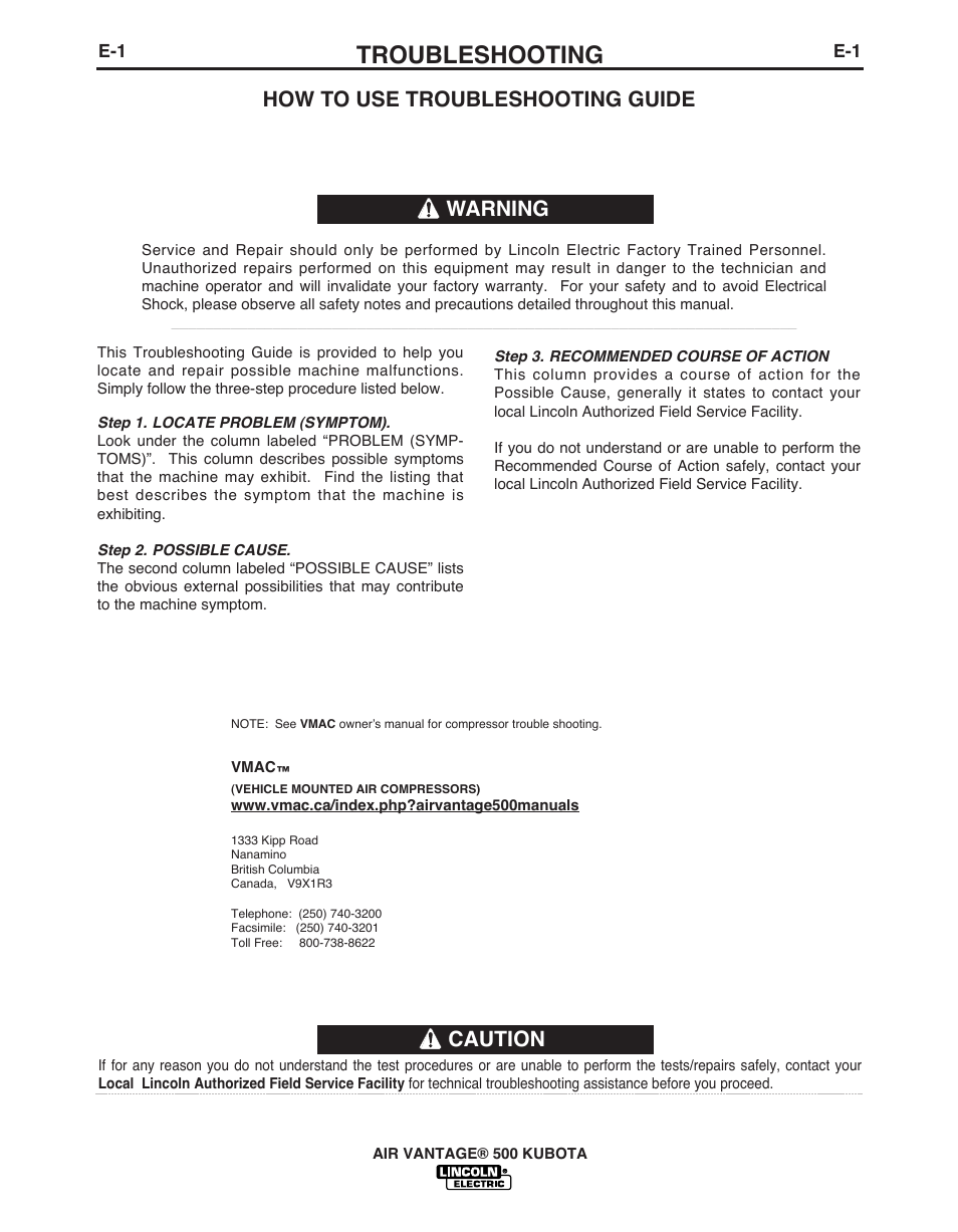 Troubleshooting, Caution, How to use troubleshooting guide | Warning | Lincoln Electric IM985 AIR VANTAGE 500 KUBOTA User Manual | Page 37 / 59