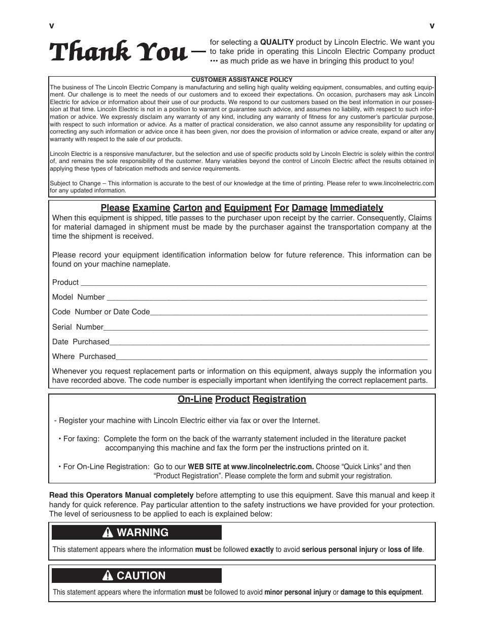 Warning, Caution | Lincoln Electric IM985 AIR VANTAGE 500 KUBOTA User Manual | Page 6 / 59