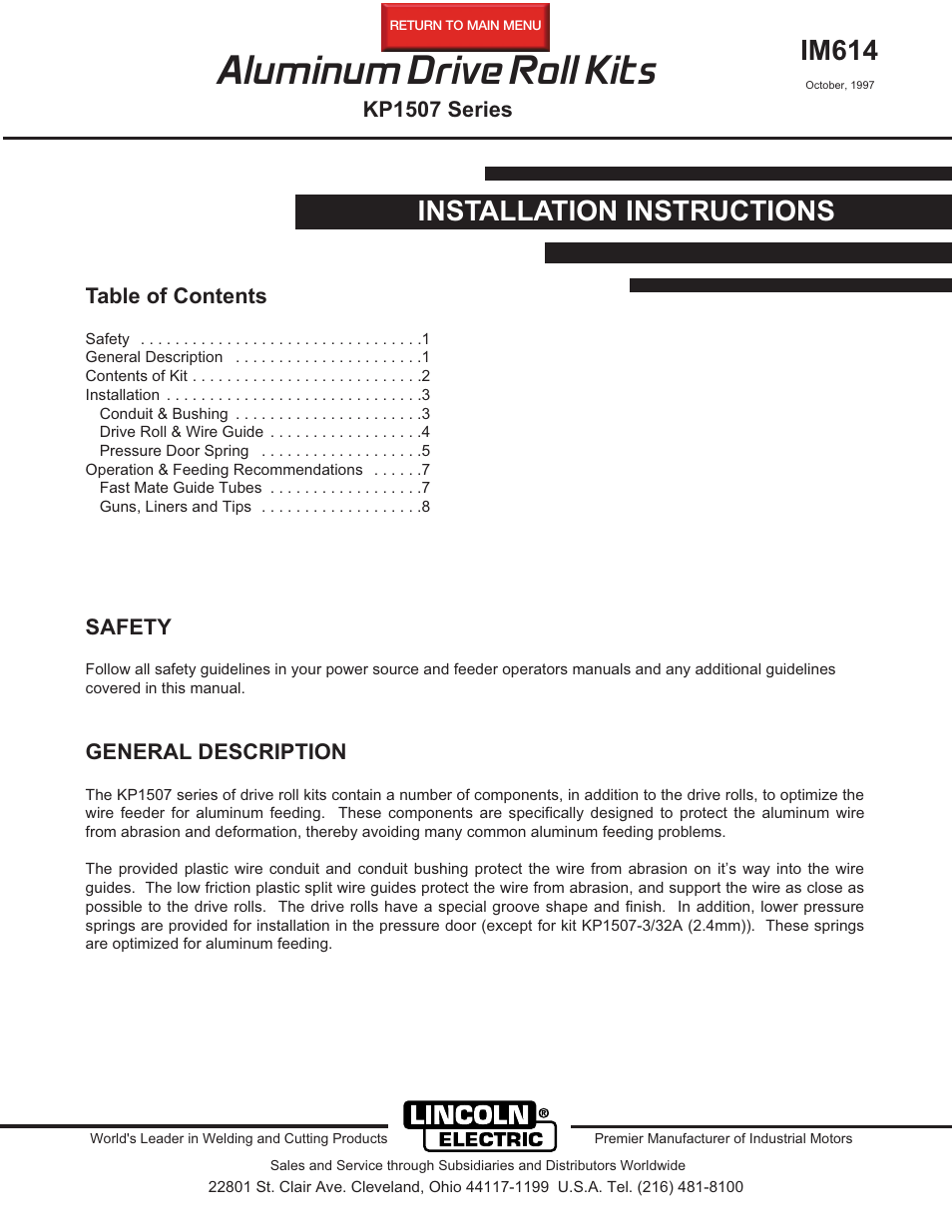 Lincoln Electric IM614 Aluminum Drive Roll Kits User Manual | 8 pages