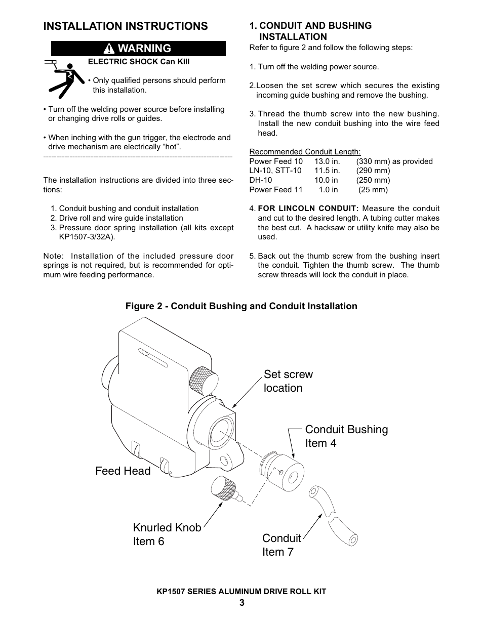 Installation instructions, Warning | Lincoln Electric IM614 Aluminum Drive Roll Kits User Manual | Page 3 / 8