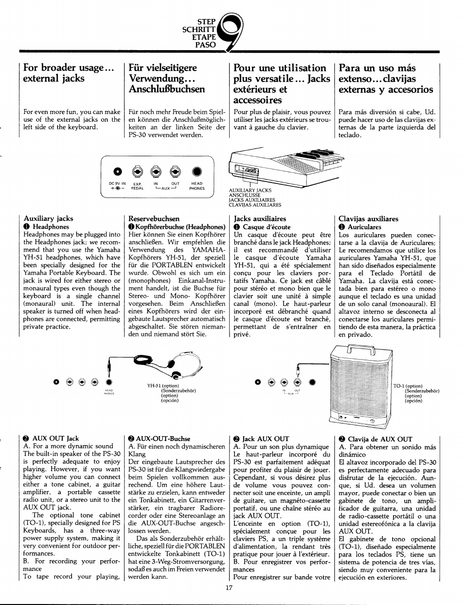 For broader usage... external jacks, Für vielseitigere verwendung... anschlußbuchsen, О 0 0 | Yamaha PS-30 User Manual | Page 19 / 24