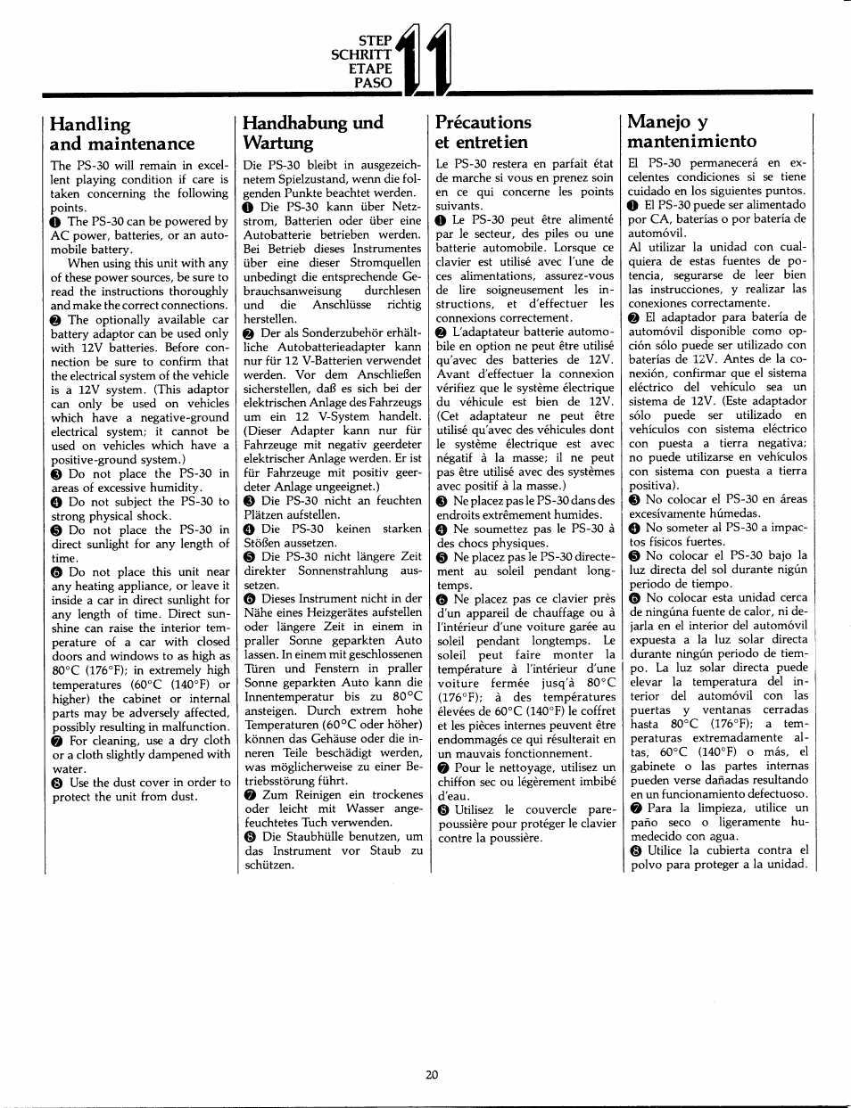 Step, Schritt, Etape | Paso, Handling and maintenance, Handhabung und wartung, Précautions et entretien, Manejo y mantenimiento | Yamaha PS-30 User Manual | Page 22 / 24