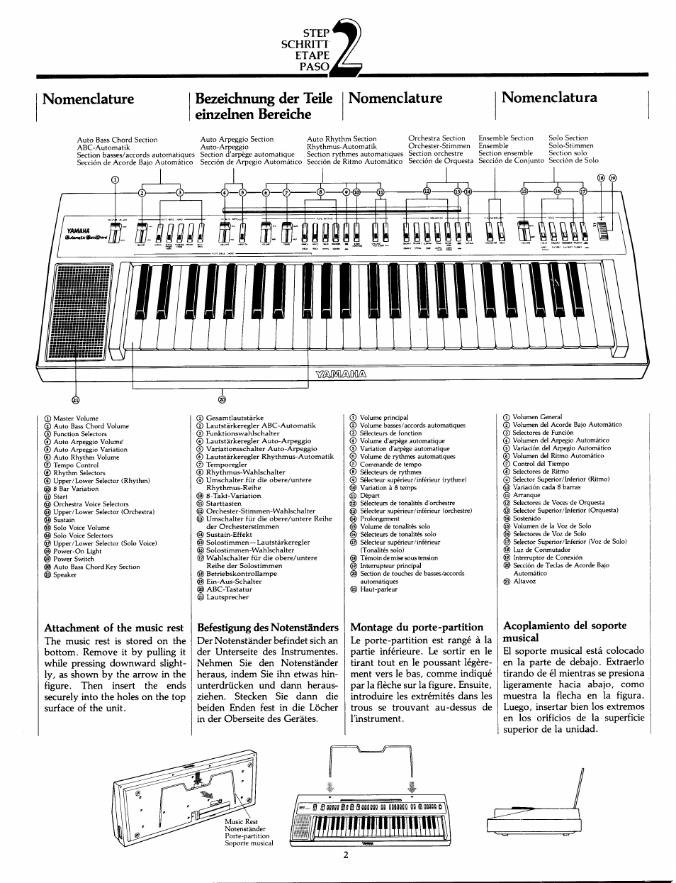 Nomenclature, Bezeichnimg der teile einzelnen bereiche, Nomenclatura | Step schritt etape paso, Musical | Yamaha PS-30 User Manual | Page 4 / 24