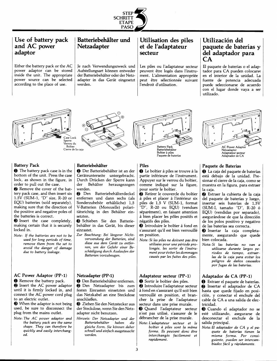 Use of battery pack and ac power adaptor, Batteriebehälter und netzadapter, Utilisation des piles et de tadaptateur secteur | Yamaha PS-30 User Manual | Page 5 / 24