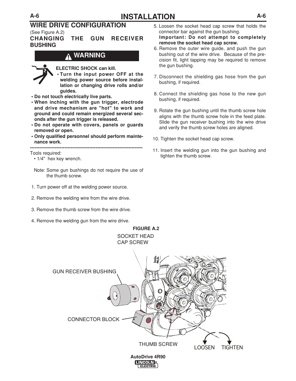 Installation, Wire drive configuration, Warning | Lincoln Electric IM952 AutoDrive 4R90 User Manual | Page 13 / 33