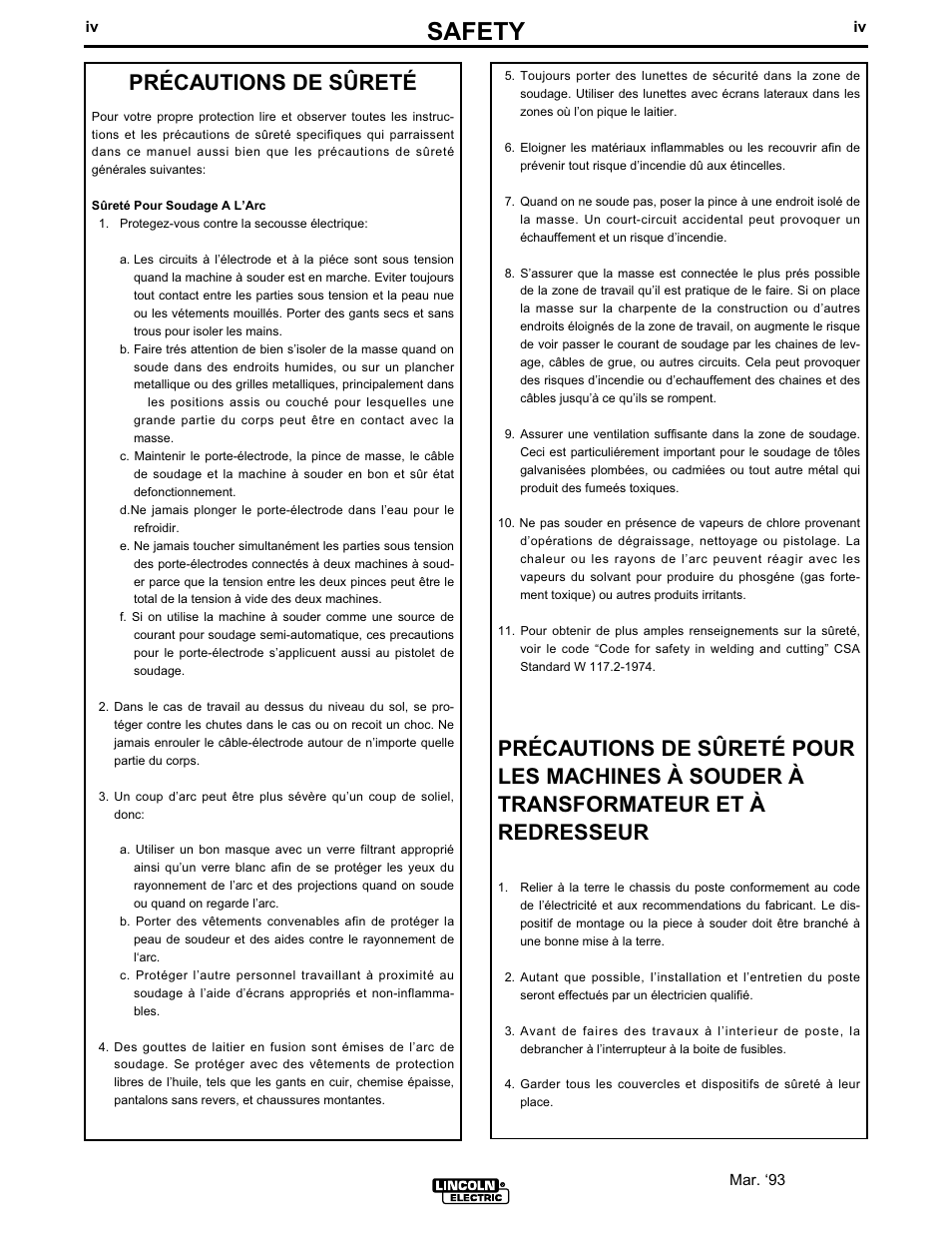 Safety, Précautions de sûreté | Lincoln Electric IM628 Automatic Start-Stop Arc Sensor User Manual | Page 5 / 17