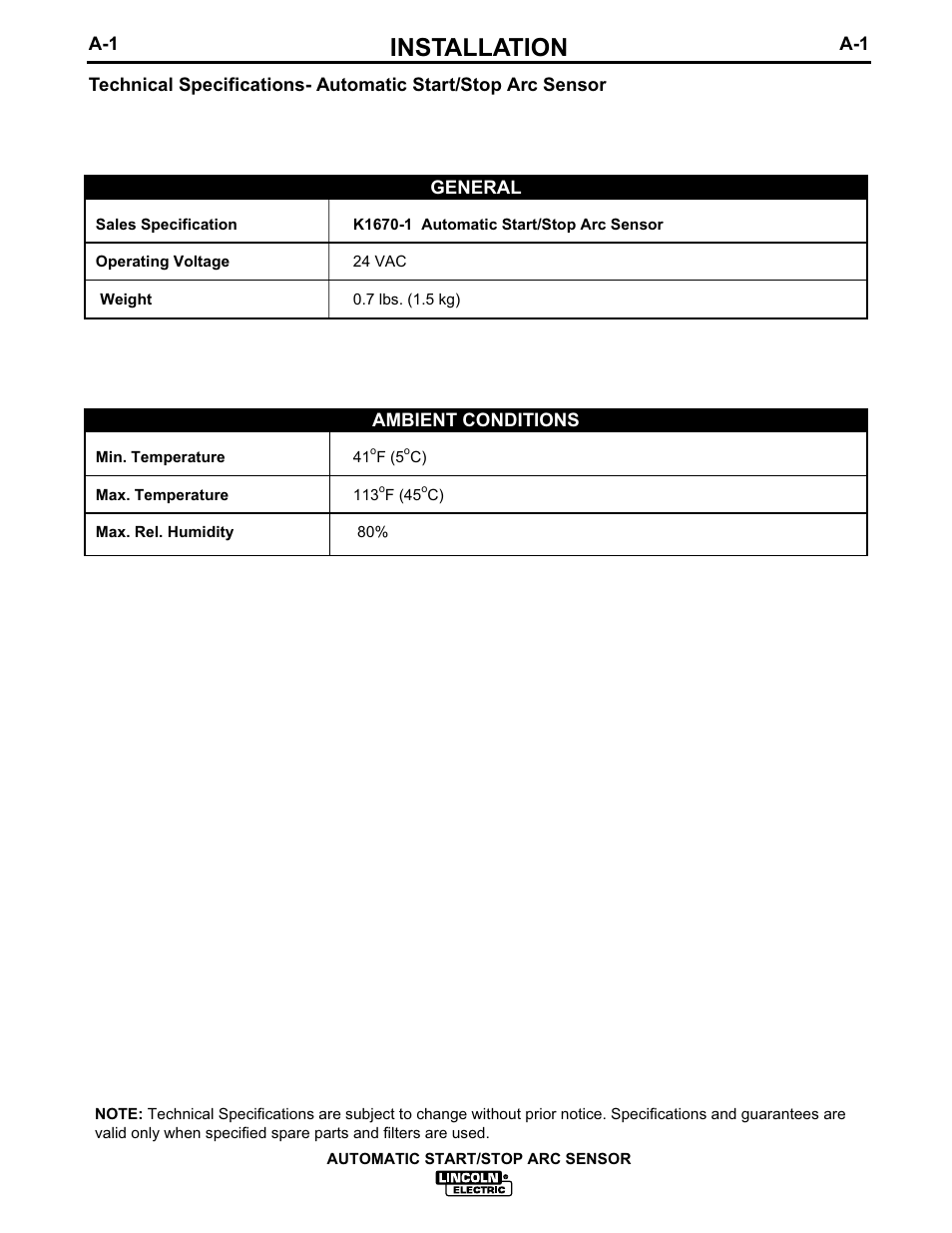 Installation | Lincoln Electric IM628 Automatic Start-Stop Arc Sensor User Manual | Page 8 / 17