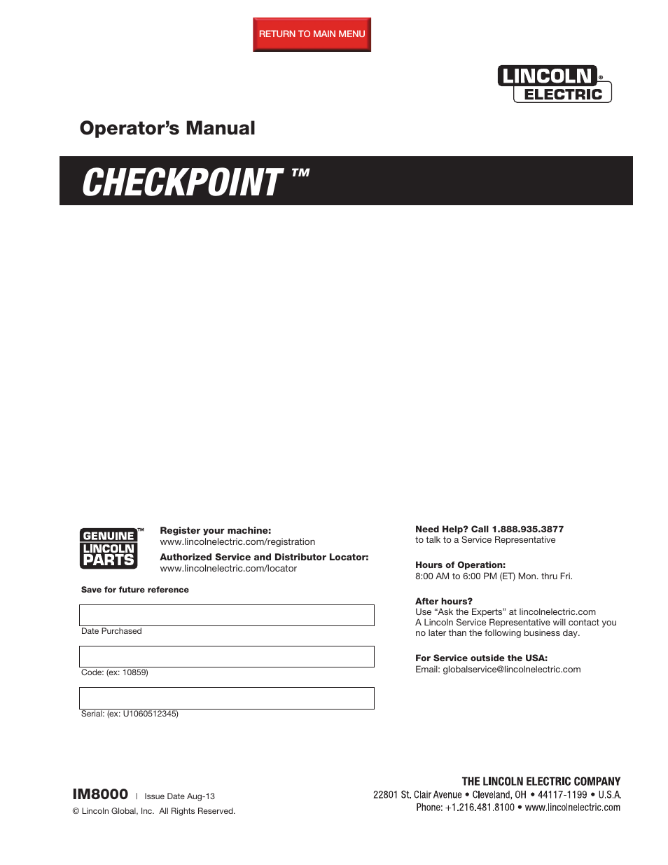 Lincoln Electric IM8000 CHECKPOINT User Manual | 176 pages