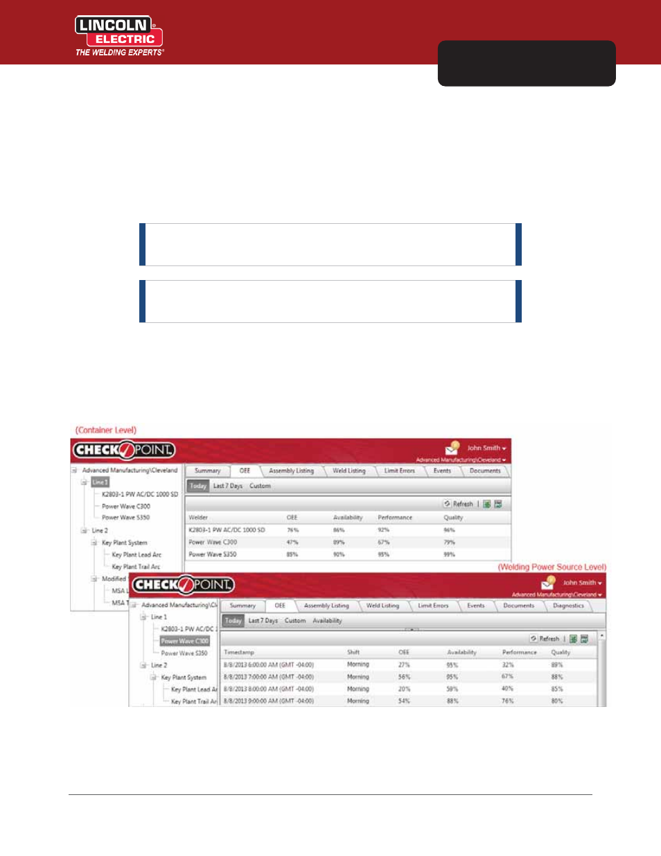 Chapter 9 overall equipment efficiency (oee), Oee tab | Lincoln Electric IM8000 CHECKPOINT User Manual | Page 115 / 176