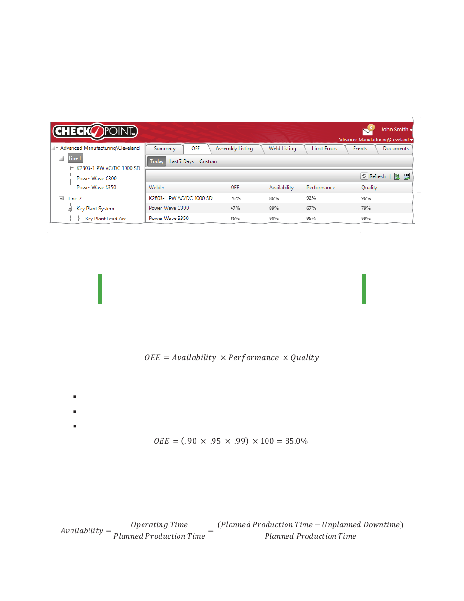 Calculations of oee in checkpoint | Lincoln Electric IM8000 CHECKPOINT User Manual | Page 119 / 176