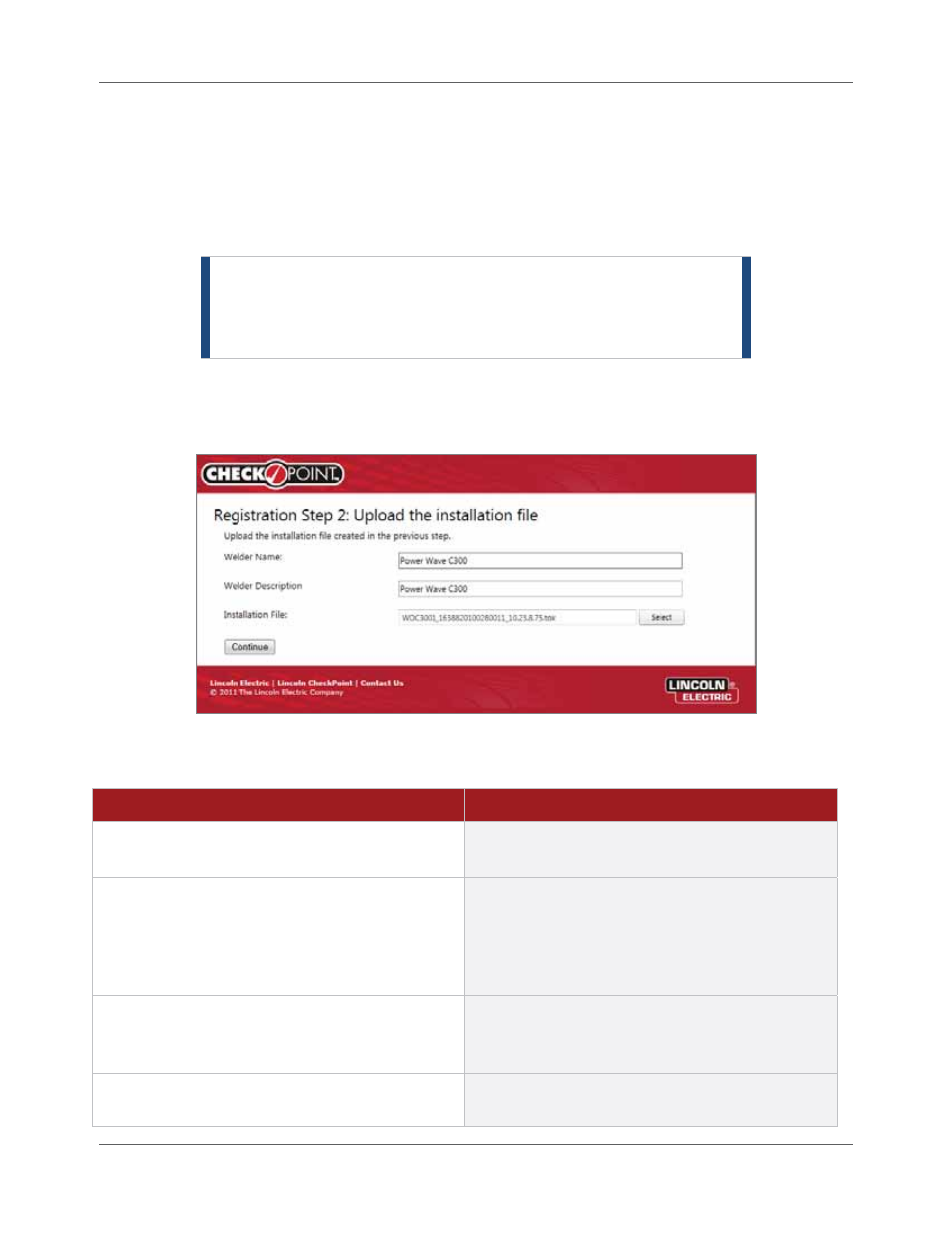 Uploading the installation key file | Lincoln Electric IM8000 CHECKPOINT User Manual | Page 36 / 176