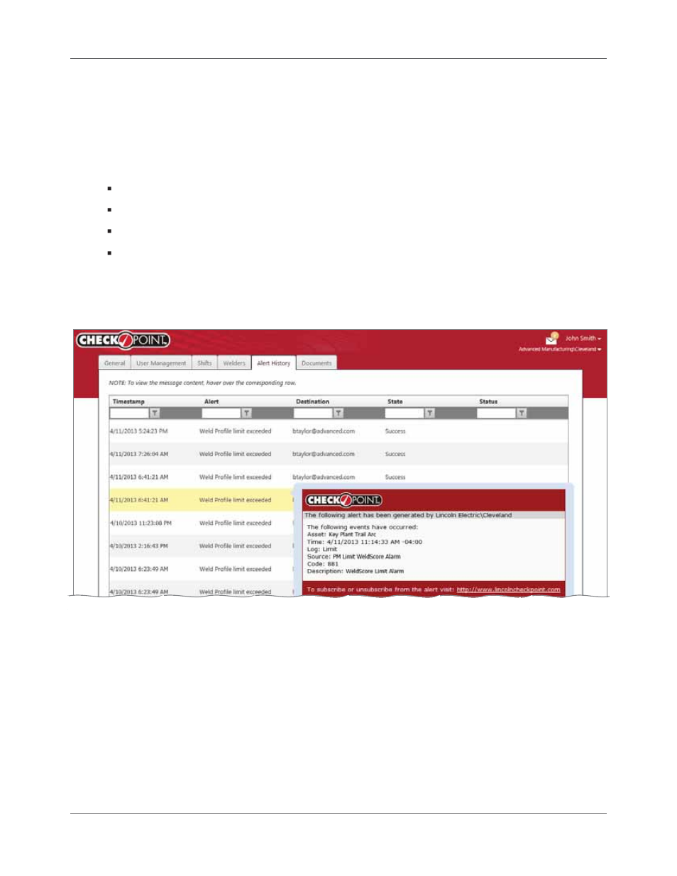 Alert history | Lincoln Electric IM8000 CHECKPOINT User Manual | Page 64 / 176